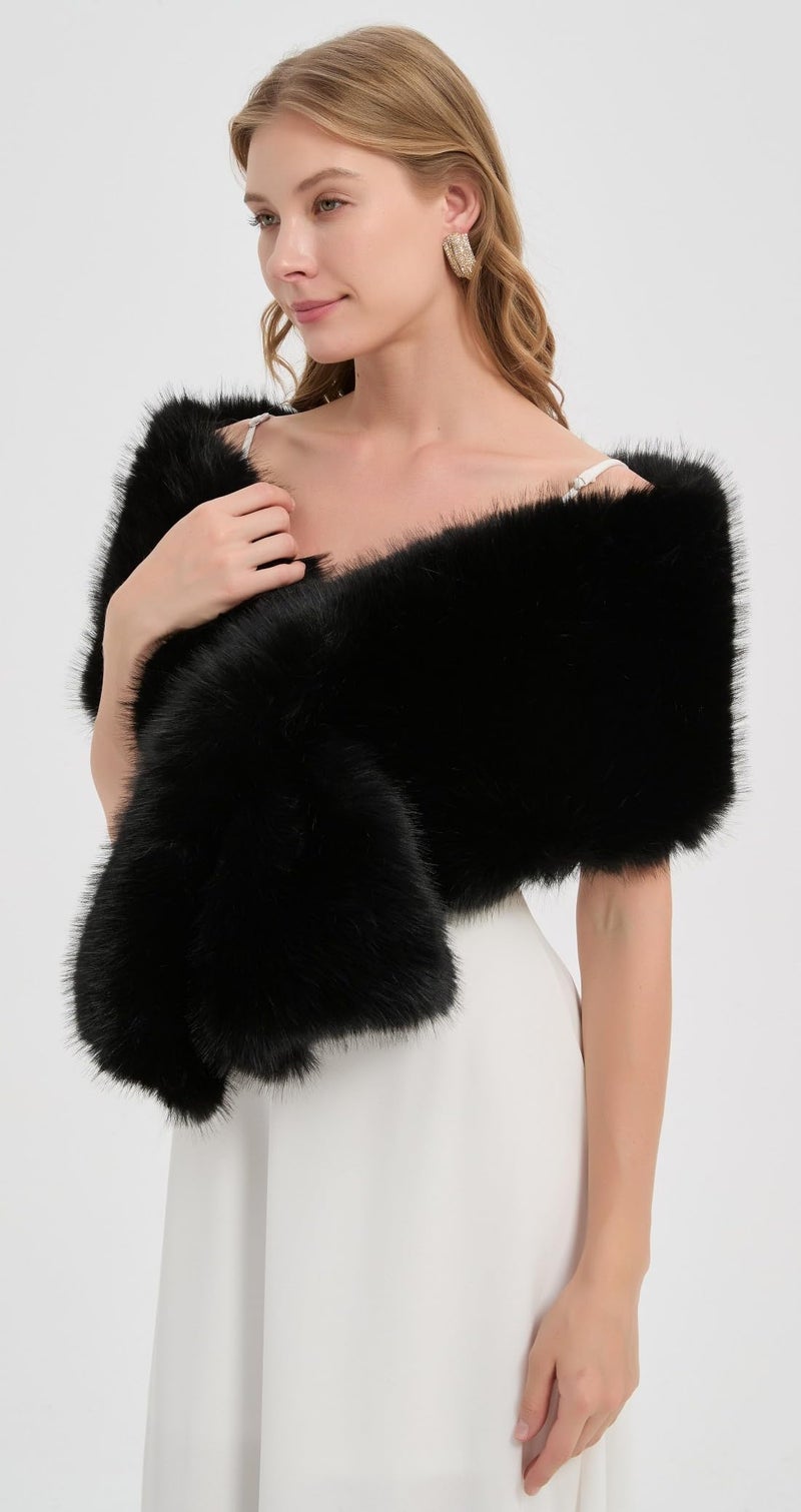 DJBM Women's Faux Fur Shawl Wraps Cloak Coat Sweater Cape for Evening Party Silver - Image 3